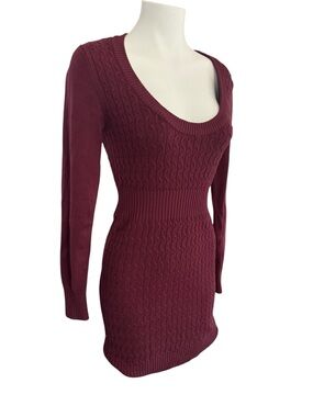 Guess Cable Knit Scoop Neck Bodycon Sweater Dress - raspberry plum, Sz M